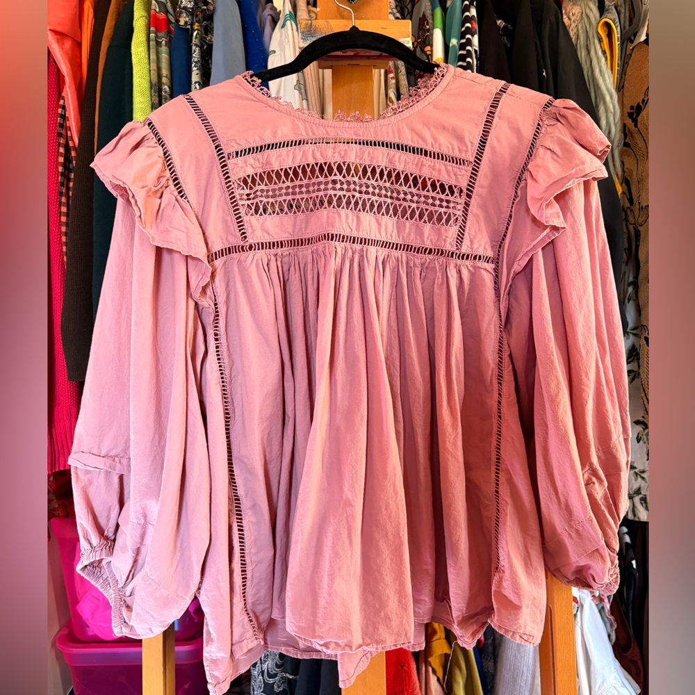 Dusty Pink Boho Blouse with Puff Sleeves and Ruffles